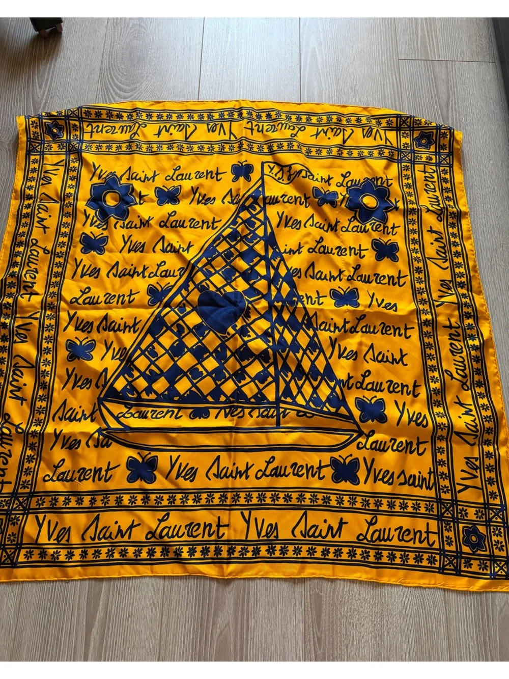 Vintage Yves Saint Laurent Silk Scarf Yellow and Cobalt sailboat heart butterfly